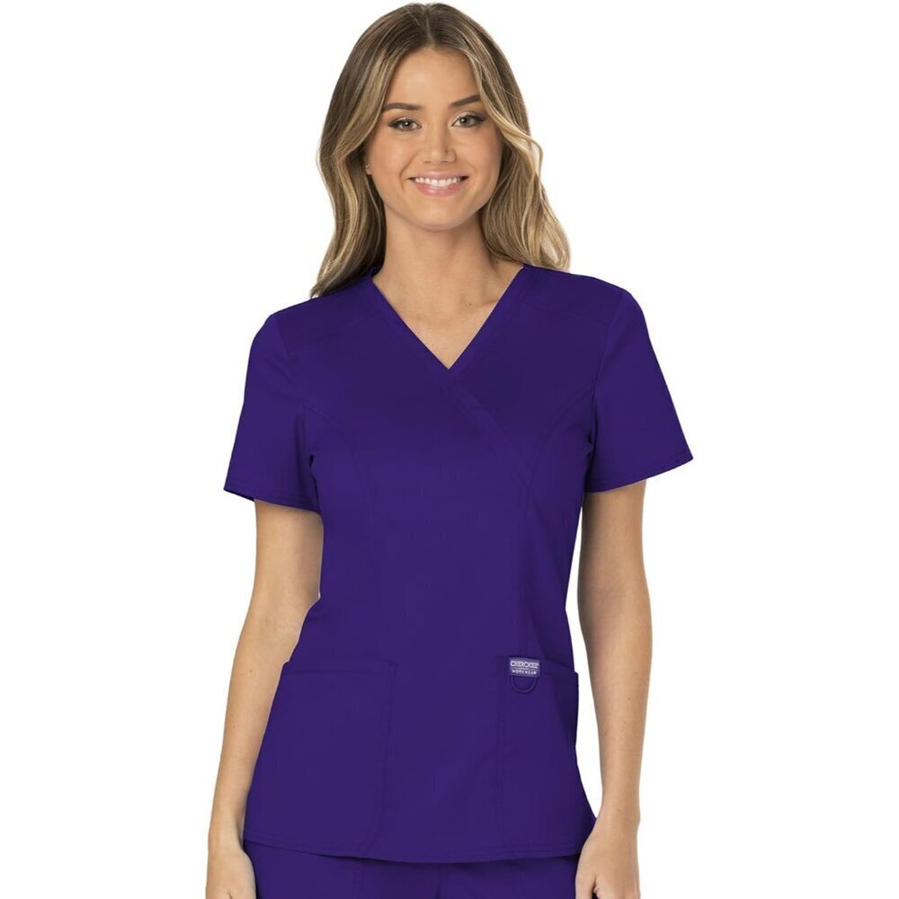 Women's Scrubs Top Mock Wrap Grape Size M 2-Way Stretch Durable Fabric